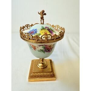 Mod A.C.F Dep Vintage Lided Floral Jar With Angel On Top